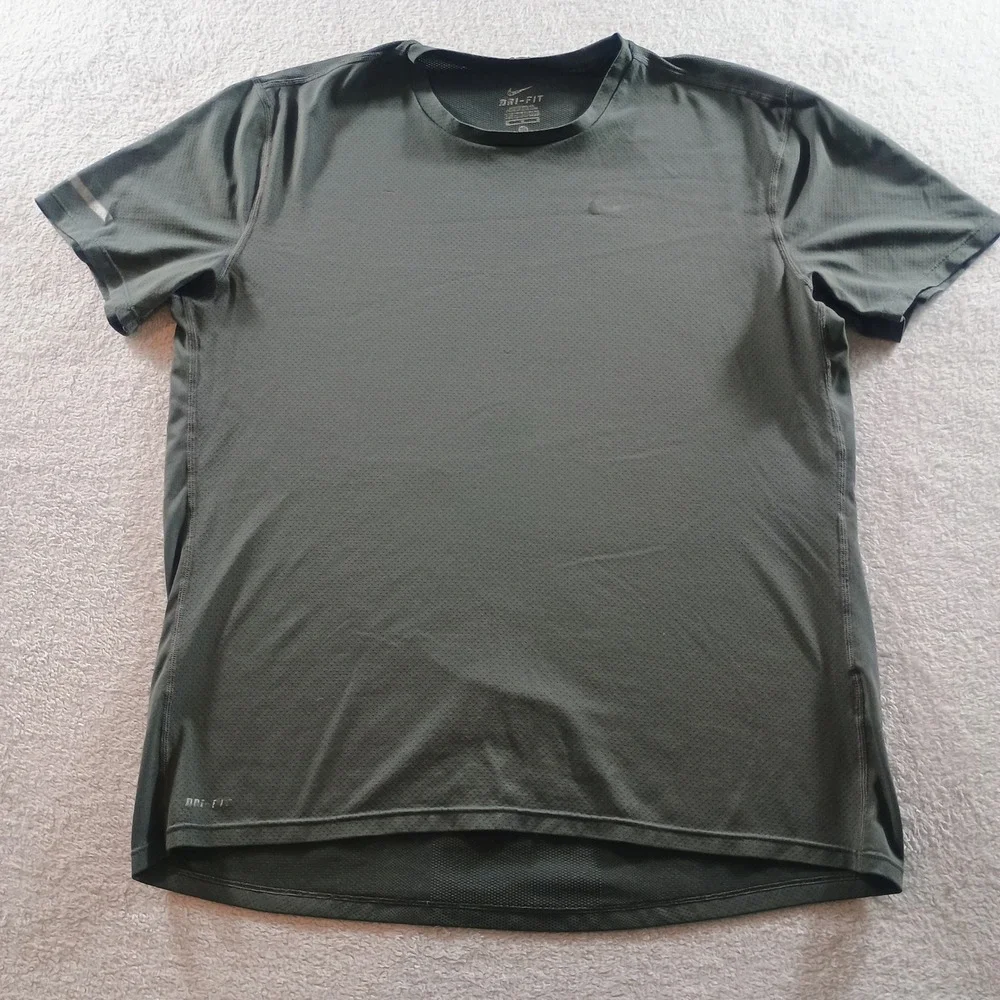 Nike Mens Dri-FIT Running Shirt Olive Green Medium Breathable Mesh Tee